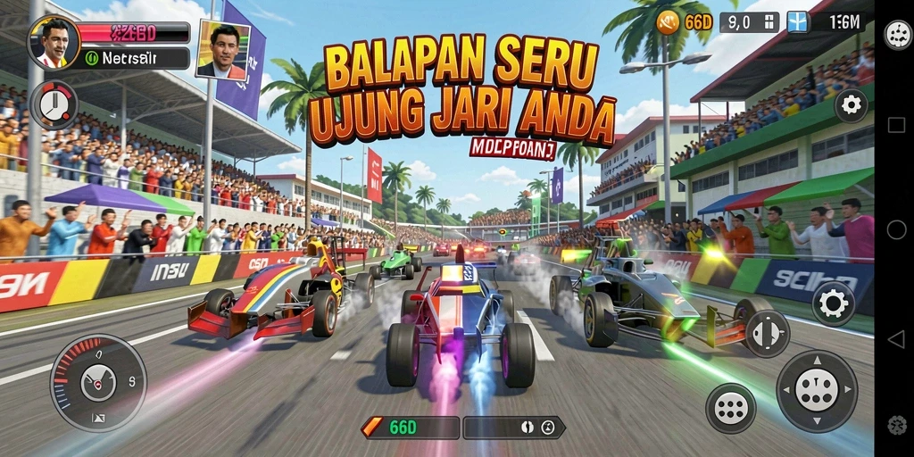 Gameplay seru 66D dengan balapan yang mendebarkan.