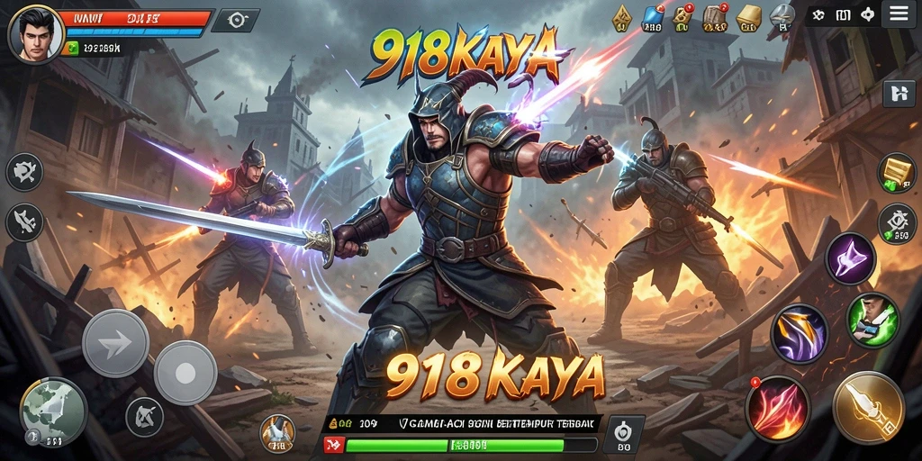 Screenshot utama 918KAYA menunjukkan aksi pertempuran yang intens.