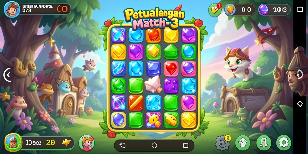 Screenshot D73 menunjukkan aksi seru dalam permainan Match-3 yang penuh warna.
