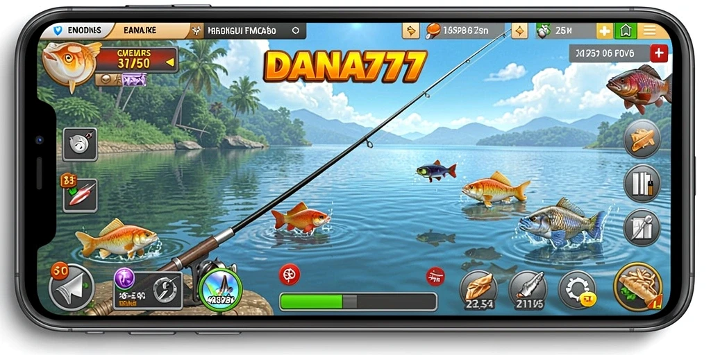 Tampilan gameplay DANA777 saat memancing ikan besar di lautan.