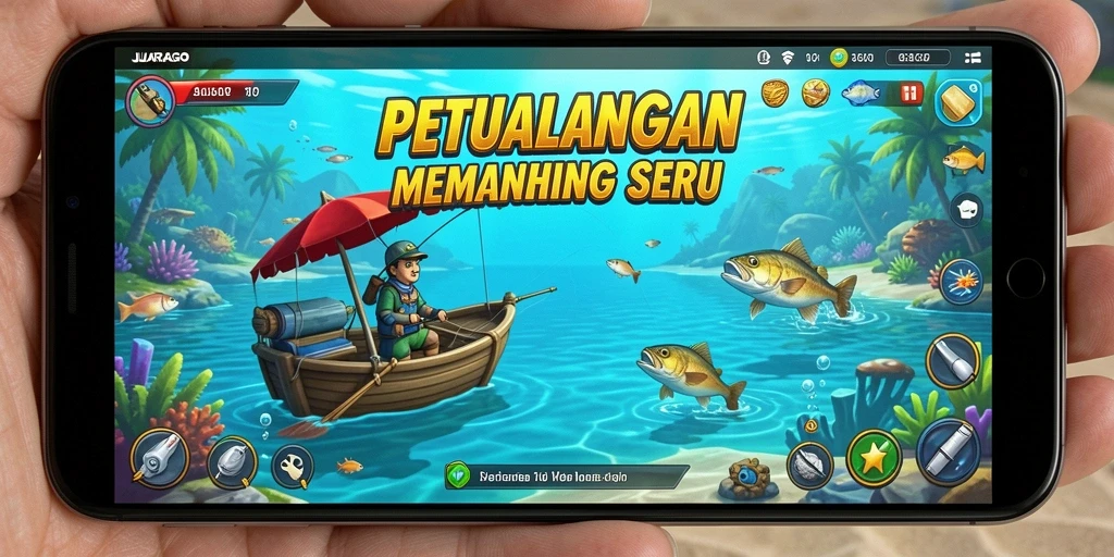Tampilan gameplay JUARAGO dengan aksi memancing yang menarik.