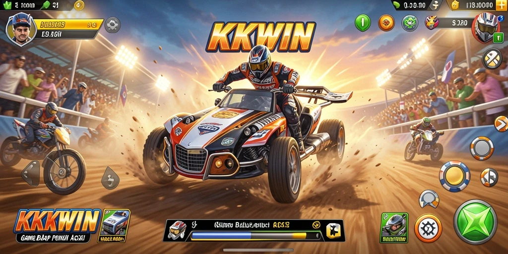Gameplay KKWIN menampilkan balapan seru dengan mobil yang bertenaga.