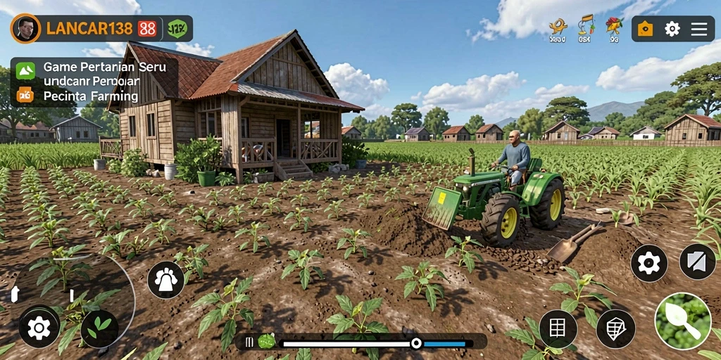 Tampilan screenshot gameplay LANCAR138 menampilkan kebun yang subur dan tanaman yang berkembang.
