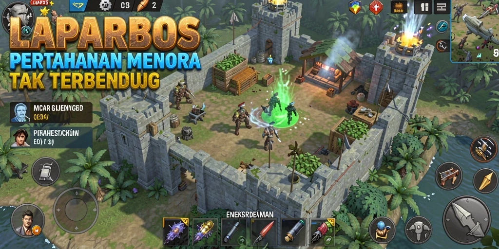 Screenshot gameplay LAPARBOS menampilkan pertempuran menara yang epik.