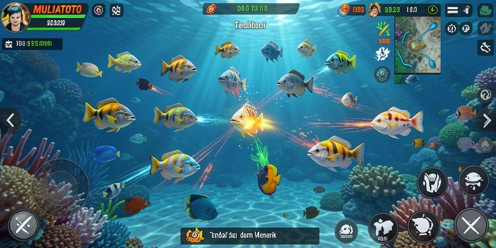 Gameplay seru MULIATOTO dengan berbagai ikan yang menantang.