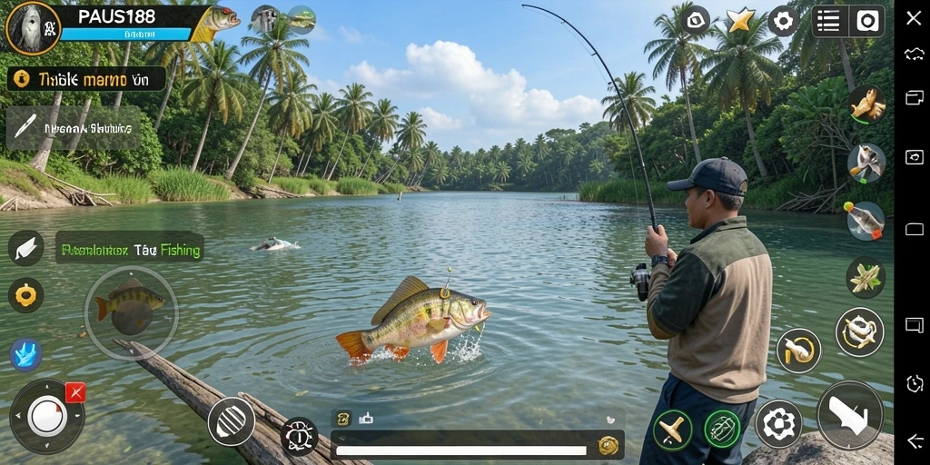 Gameplay PAUS188 dengan berbagai jenis ikan dan lokasi memancing.