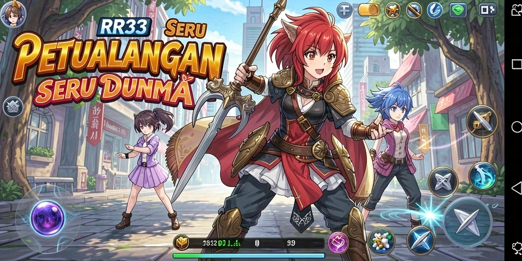 Tangkapan layar utama RR33 menampilkan aksi gameplay yang dinamis dan penuh warna.