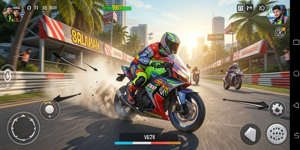 Screenshot V07 menunjukkan balapan motor yang seru dan grafis menakjubkan.