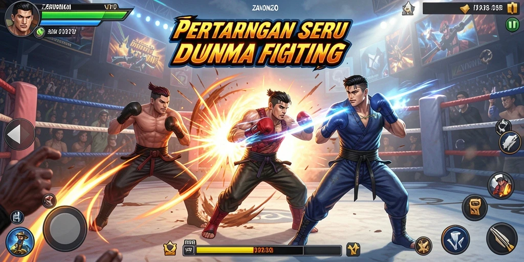 Tangkapan layar utama ZAVONZO menampilkan pertarungan yang intens dan karakter yang beragam.
